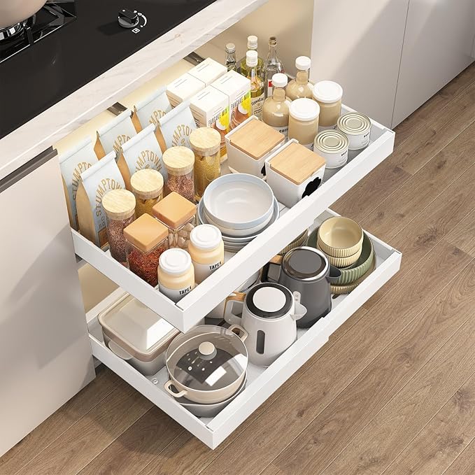 4Pack Expandable Pull-Out Cabinet Organizer 21" Deep Slide Out Drawers, Upgrade 3 Slide Rails, Adjustable Width 12.4”-20.4”, With Screws and Nano Film Adhesive, White
