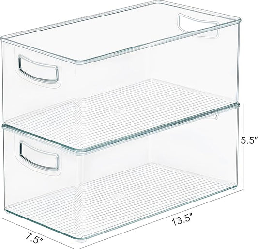 Heyuzb 2 Pack Clear Freezer Organizer Bins Stackable Storage Bins with Side Handles for Kitchen Pantry Cabinet Organzation and Storage