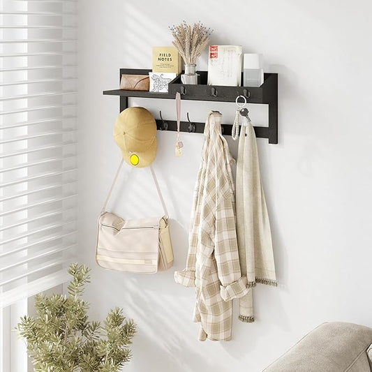 AMBIRD Wall Hooks with Shelf, 26.57 Inch Entryway Wood Coat Hooks for Wall, Coat Rack Wall Mount Rack with 5 Dual Hooks 3 Key Hooks Mail Organizer and Key Rack Key Holder (Black)