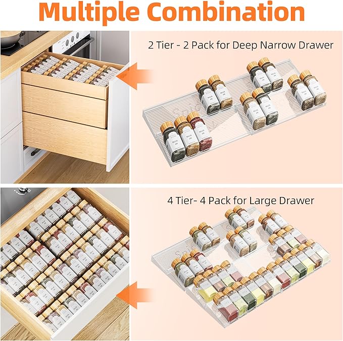 PanPanPal Spice Drawer Organizer, 2 Tier- 2 Pack Clear Acrylic Drawer Seasoning Organizer, Expandable From 11'' to 22'' Kitchen Spice Rack Organizers and Storage for Drawer (Jars not included)