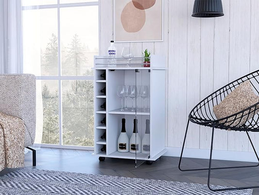 Mobile Bar Cart with Glass Door Cabinet, 6 Wine Bottle Storage Cubbies, Carbon Espresso Finish, 35" H x 21.6" W Bar Serving Cart with Wheels (White)