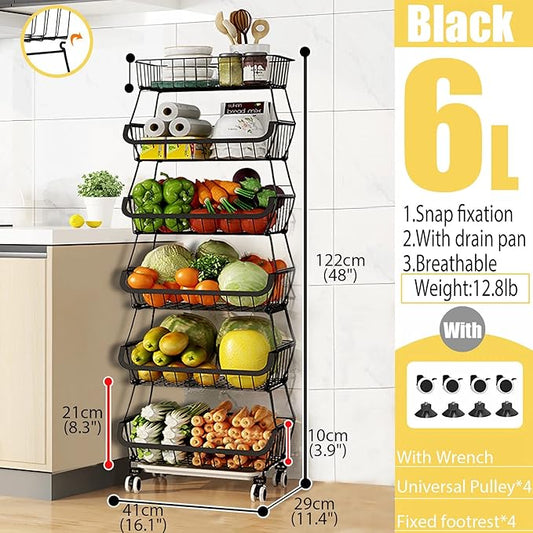 MURRI&MURRDI Fruit Vegetable Storage Baskets with Wheels, 6 Tier Stackable Wire Storage Baskets, Tall Standing Produce Kitchen Rack, Narrow Rolling Cart for Pantry Snack Onion Potato, Black