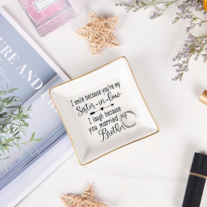 Spegiffu Sister in Law Gifts Ring Dish- I Smiled Because You're My Sister in Law Jewelry Dish Tray Trinket Dish, Birthday Gifts for Sister in Law Wedding Christmas Valentines Mother's Day Gift, White