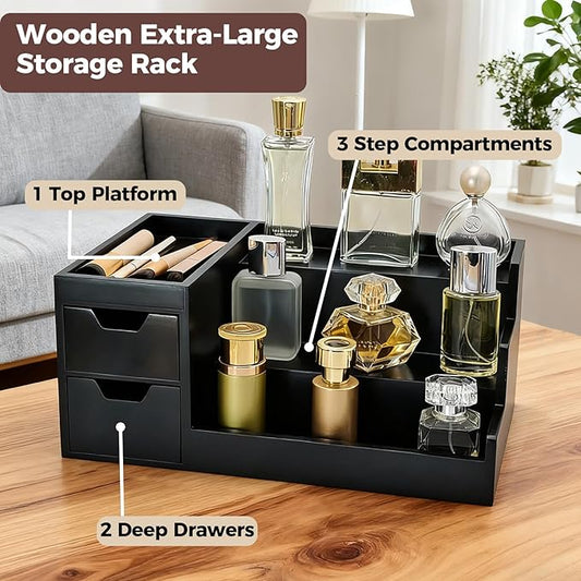 UUyuality Countertop Perfume & Makeup Organizer - Wooden Rack, Cologne Stand Shelves & Skincare Organizer for Bedroom Dresser, Organizador de Perfumes Estante para Perfumes (Black, 01)