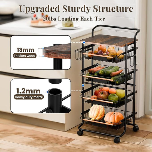 5-Tier Kitchen Organizer and Storage Cart, with Pull-Out Baskets and Wood Top, Rolling Pantry Kitchen Cart, for Fruit Potato Onion Vegetable Snack Produce, Black