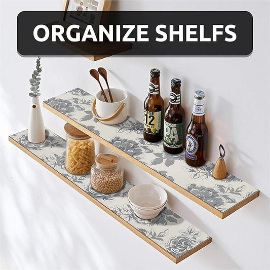 12X120 Inch Shelf Liner for Kitchen Cabinets, PVC Drawer Liner for Dresser Non-Slip Bathroom, Non-Adhesive Cabinet Liner Washable (Black Flower)(5 Roll)