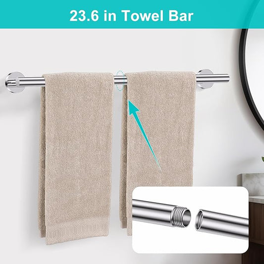 5 Pieces Polished Chrome Round Towel Bar Set Bathroom Hardware Accessories Set Upgraded Toilet Paper Holder Towel Racks Set for Bathroom Stainless Steel Wall Mounted 23.6 in