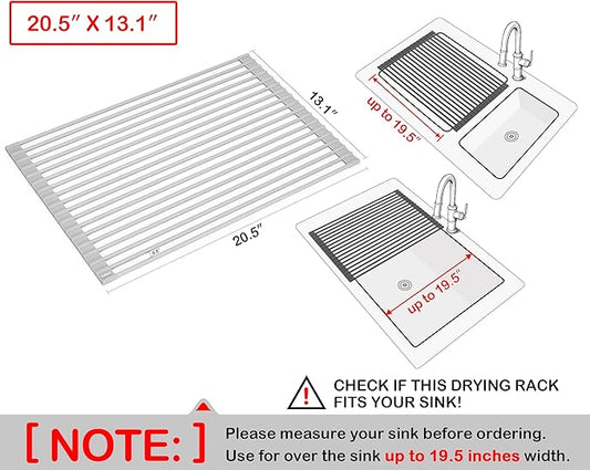 Surpahs 20.5 x 13.1 Inch Roll-Up Dish Drying Rack, Fits Sinks up to 19.5 Inch Wide, Heavy-Duty Premium Silicone, Strong Support, Non-Slip, Heat-Resistant, Warm Gray