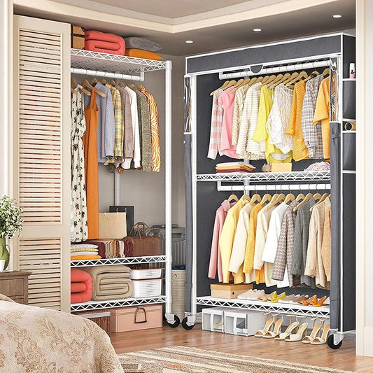 Raybee Heavy Duty Clothes Rack with Cover, 81" H Clothing Racks for Hanging Clothes, Portable Closet with Wheels and Adjustable Feet, Max Load 440LBS, White