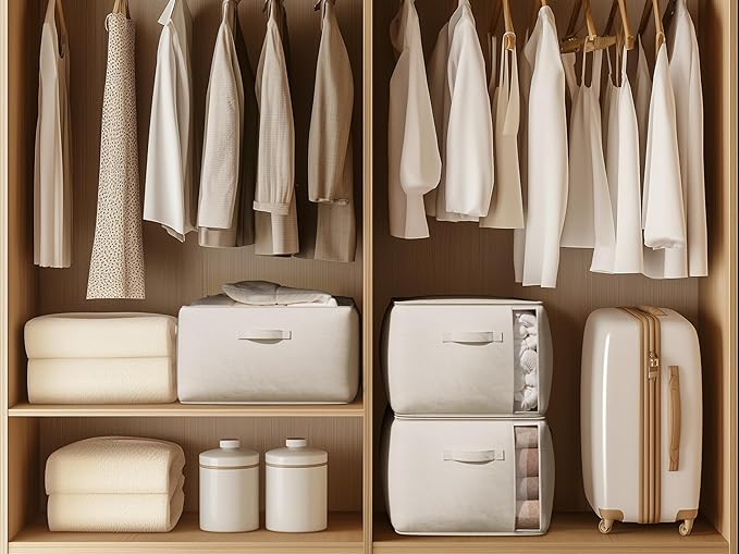 TomVista Large Canvas Clothes Storage Bags with Thick Handles and Clear Window, Foldable Cotton Linen Underbed Closet Organizer for Clothing, Blankets and Bedding, 60L, 4 Pack, Beige