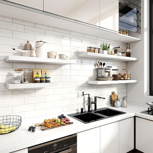 24 Inch Floating Shelves, 12 Inch Deep Floating Shelves for Wall, Floating Shelf with Invisible Brackets, Deep Shelves for Bathroom, Bedroom, Living Room, 2 Pack, White