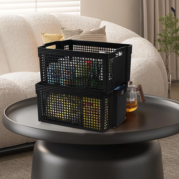 6-Pack Black Plastic Storage Baskets, Large Stackable Organizer Basket