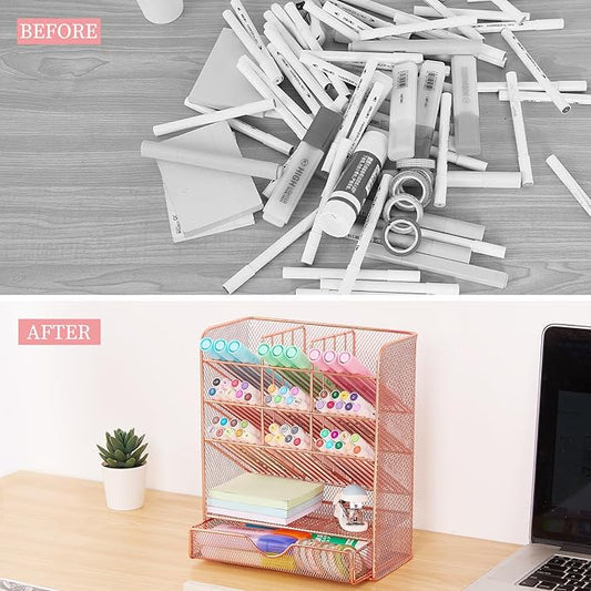 Spacrea Pen Holder Desk Organizer - Desk Organizers and Accessories, Pencil Holder with 10 Compartments and 1 Drawer(Rose Gold)