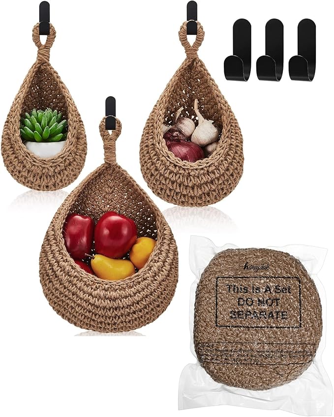 Honeydak Boho Decor Hanging Wall Baskets for Kitchen 3 Pack Teardrop Baskets with Hooks Storage Fruit Onion Vegetable Potato for Home 3 Sizes(Linen,Hemp Rope)