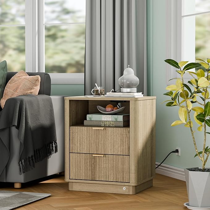 BONITURE 20'' Led Fluted Nightstand, Curved Night Stand with Charging Station Lighting, Wood End Table with 2 Drawers, Modern Side Table Storage Cabinet for Bedroom Office,(1, Natural)