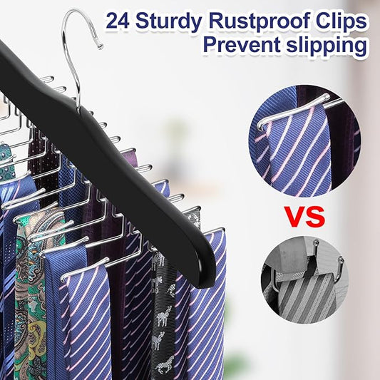 TOPIA HANGER Tie Rack Hanger for Closet, Wooden Tie Organizer for Men with 24 Folding Hooks, Space Saving Necktie Holder for Storage and Display Bra, Tank Top, Camisole (2-Pack), Black- CT14B-2