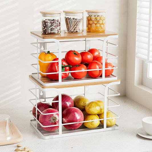 2 Pack Pantry organizers and Storage,Kitchen Organization with Bamboo Top,Stackable Kitchen Pantry bin for Onion,Potato,Fruits,Produce,Vegetable,White