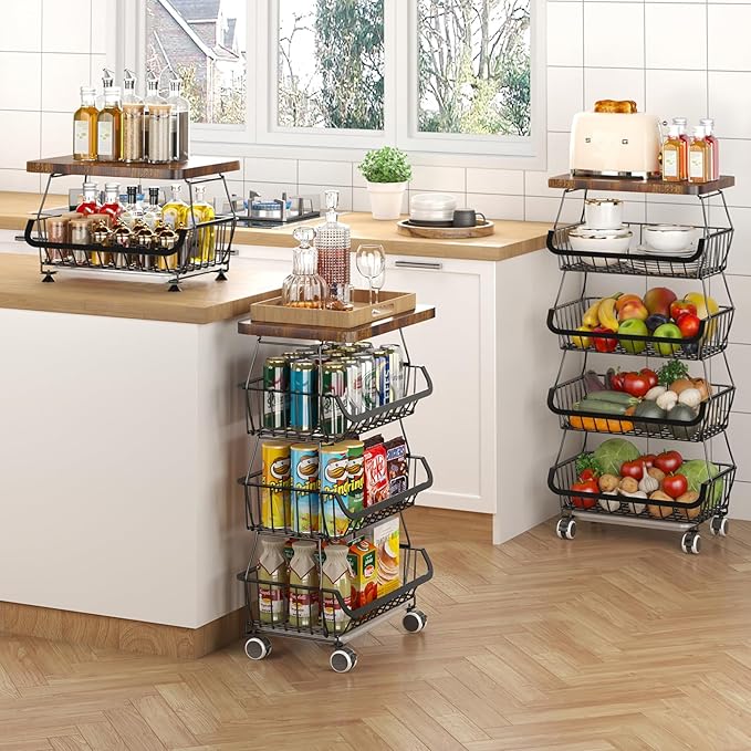 Fruit Basket with Wooden Lid for Kitchen, 5-Tier Stackable Wire Fruit Vegetable Storage Basket Organizer Stand on Wheel, Produce Basket Potato Onion Storage Bins Rack Cart for Pantry