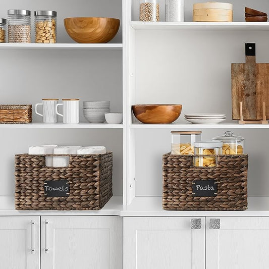 Casafield Set of 2 Water Hyacinth Pantry Baskets, 12-1/2" x 17" x 8", with Chalkboard Labels and Chalk Marker - Espresso, Woven Storage Bin Organizers for Kitchen Shelves