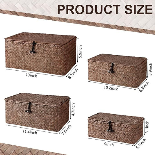 Woanger Set of 4 Wicker Storage Baskets Organizer,Handwoven Storage Bins with Lid for Organizing, Home Utility Box for Home Office Supplies Multipurpose Container(Coffee)