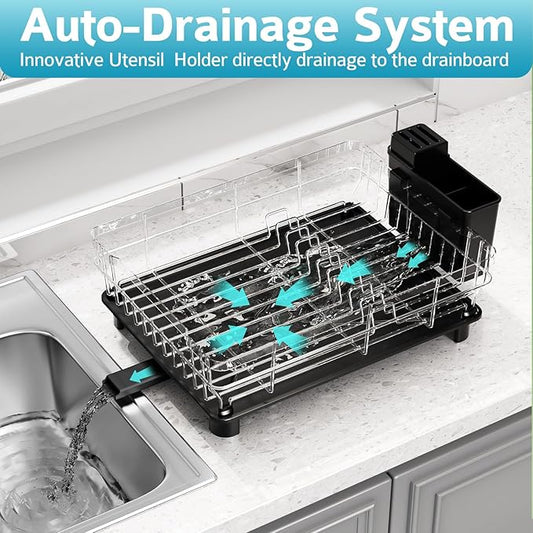 Ricobes Dish Drying Rack - Space Saving Dish Rack - Dish Racks for Kitchen Counter with Drainboard,Rustproof Dish Drainer with Removable Utensil Holder,Black