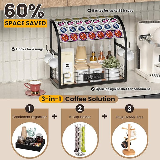 Metal K Cup Holder, 2 Tier Coffee Bar Organizer with 4 Coffee Mug Hooks, Multi-functional Countertop Coffee Station Tray Wooden K Cup Organizer - Black