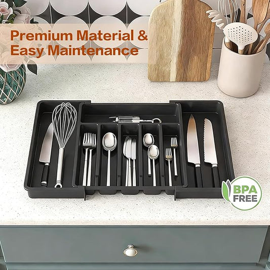 Expandable Silverware Drawer Organizer - BPA Free Flatware and Cutlery Holder, Adjustable Large Plastic Storage Tray for Kitchen Spoons Forks Knives, Black
