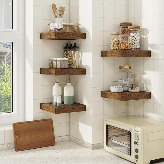 fuqing Floating Shelves for Wall, Wall Mounted Wood Floating Shelf with Invisible Brackets for Living Room, Bathroom, Bedroom, Kitchen Storage and Decor,6.5 Inch Set of 3, Rustic Brown