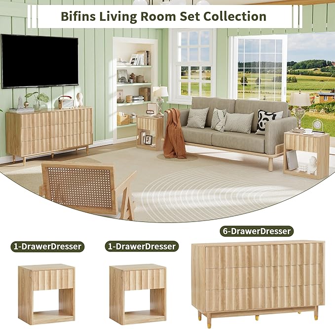 Bifins Fluted Dresser, Small Nightstands Set of 2, Natural Bedside Table with Drawer and Storage, Mid Century Modern Side Table for Bedroom Sofa