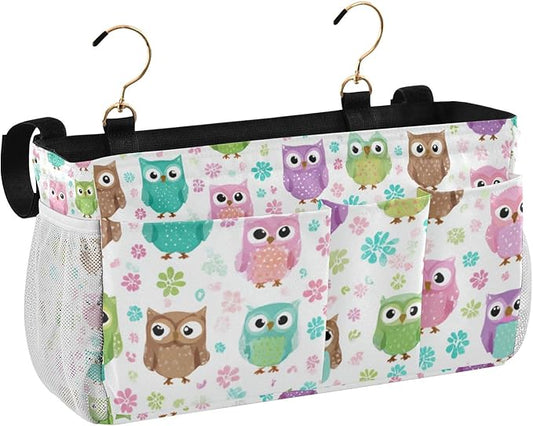 CuwrYet Bedside Caddy Hanging Bunk Bed Caddy Bed Organizer Hanging Pocket with 2 Hooks Bedside Storage Organizer Pocket Bag Holder Colorful Owls and Flowers