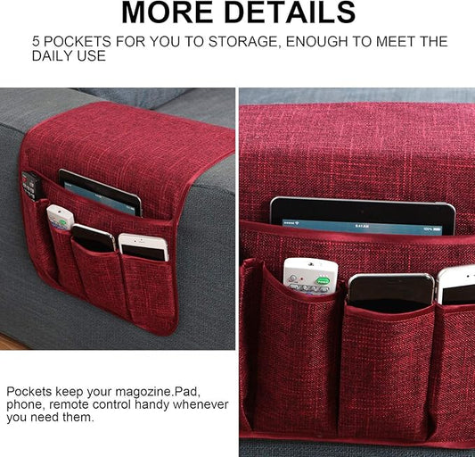 Sixyotie Sofa Armrest Organizer Non-Slip Remote Control Holders for Recliner Couch Chair Armchair Caddy with 5 Pockets for Table,Cell Phone,Ipad,Magazines,Books (13x35In, WineRed)