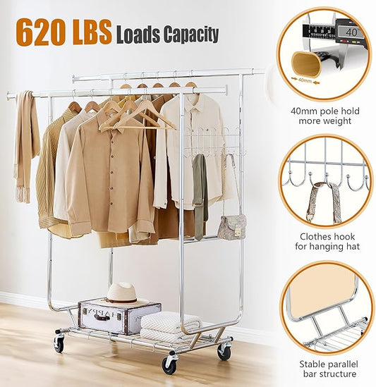 Heavy Duty Clothes Rack Load 620 Lbs, Double Rod Rolling Clothing Rack With Sturdy Wheel And Shelves,Adjustable Portable Hanging Rack For Clothes,Silver Stainless Steel