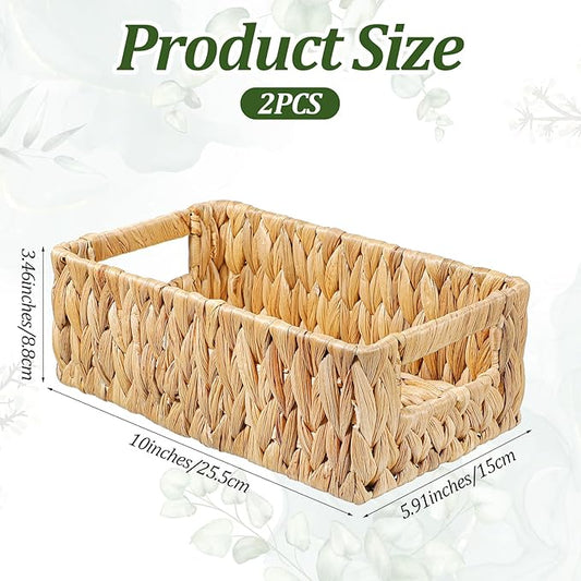 Water Hyacinth Baskets for Shelves Rattan Woven Basket Storage Organizer Bins with Built-in Handles Decorative Shallow Rectangle Pantry Organizers for Organizing Countertop Bathroom