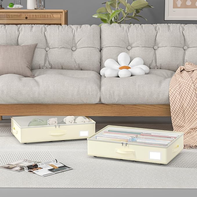 Under Bed Storage with Wheels, No Assemble Required 5.5 inches height beige under bed storage bins,Low Profile Rolling Underbed Shoe Storage containers,dorm underbed storage drawers