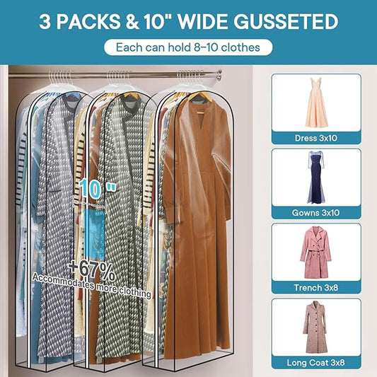 60" Clear Garment Bags for Hanging Clothes, 10" Gusseted Dress Bags with Side Zipper for Gowns and Women's Coats, Long Dress Covers, 3 Pack