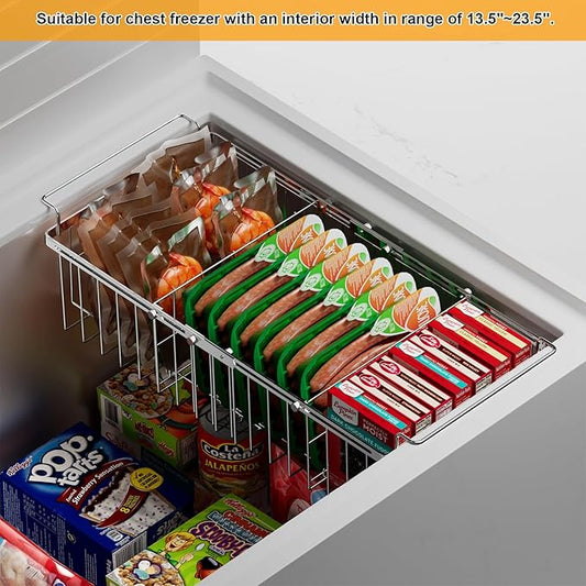 Orgneas Chest Freezer Organizer Bins with Dividers, Large Capacity Deep Freezer Baskets Expandable From 15.5" to 24.5" with Removable Divider Sheets for Easy Sort and Organize Frozen Food, 2Pcs