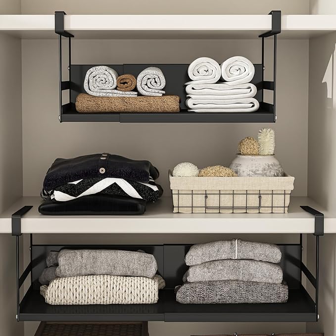 Expandable Under Cabinet Shelf Organizer with 0.94-Inch Thick Clips, Heavy Duty Extendable Under Shelf Storage Basket for Pantry or Laundry Room, Black, 2 Pack, Interior: 5.7" H x 8.54" D