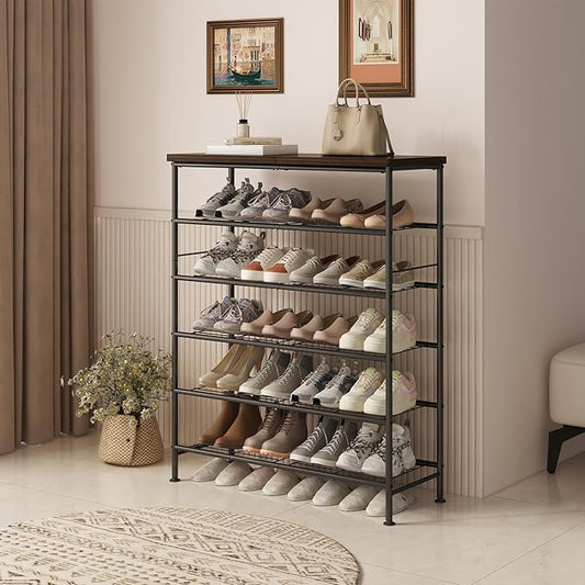 SUOERNUO Shoe Rack Organizer 6 Tier for Closet Entryway Free Standing Metal Storage Shoe Shelf with MDF Top Board,Black