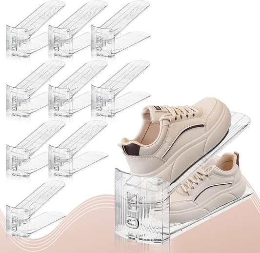 FENRUNXU 10 PACK Transparent Shoe Stacker,Shoe Slots Organizer for Closet, Shoe Display Space Saver,Adjustable Shoe Rack Organizer Holder for High Heels,Sneakers(Transparent)