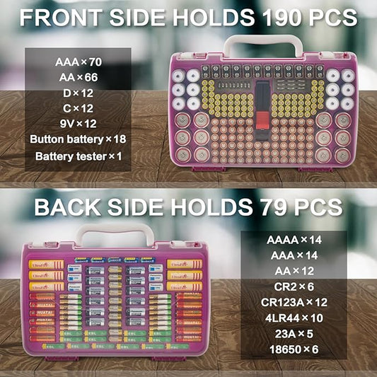 Battery Organizer Storage Holder Case with Double-Sided, Garage Box with Tester Checker. Batteries Container for 269pcs AA AAA AAAA 3A 4A 9V C D Lithium 4LR44 CR2 CR123A CR1632 CR2032 18650 - Purple