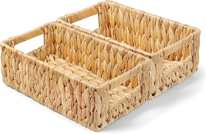 Water Hyacinth Baskets for Shelves Rattan Woven Basket Storage Organizer Bins with Built-in Handles Decorative Shallow Rectangle Pantry Organizers for Organizing Countertop Bathroom