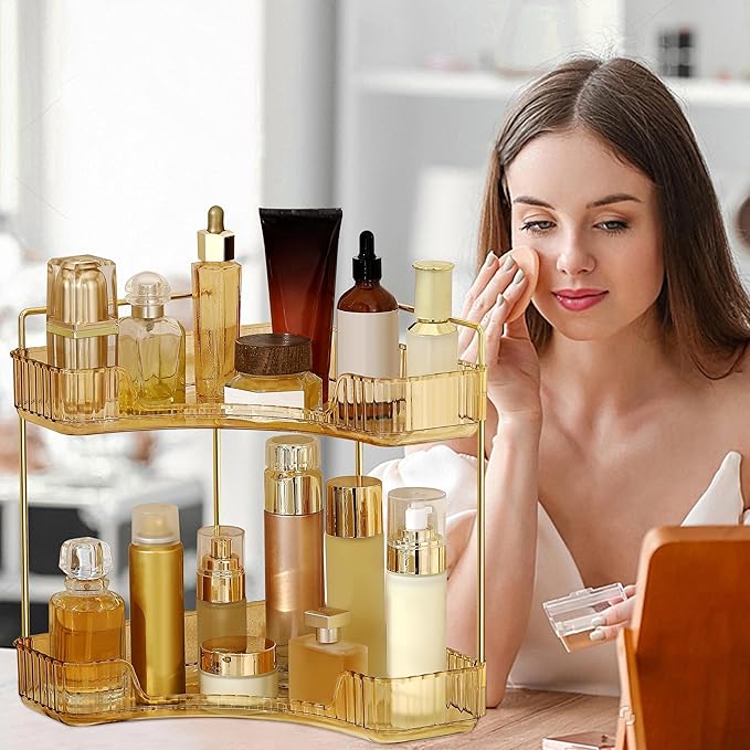 Weidace Corner Bathroom Counter Organizer Bathroom Countertop Shelf Makeup Organizer for Vanity Perfume Tray for Corner Storage (2 Tiers, Gold)