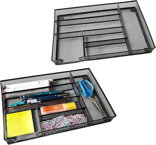 Desk Drawer Organizer Metal Mesh Drawer Organizer Tray for Office School or Home Supplies Desktop Storage Stationery, 6 Compartments, 12.6 x 8.27 x 1.57 inch,Black (2pc pack)