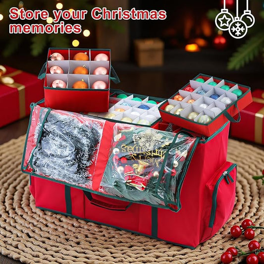 2-In-1 Christmas Decoration Ornament Organizer Box, Movable Pallet Santas Bags Ornament Storage Containers, Holds 73 Holiday Ornaments, Adjustable Space For Figurines And Pockets For Decoration