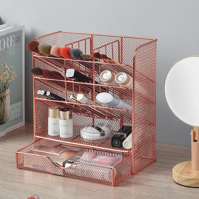 Spacrea Pen Holder Desk Organizer - Desk Organizers and Accessories, Pencil Holder with 10 Compartments and 1 Drawer(Rose Gold)