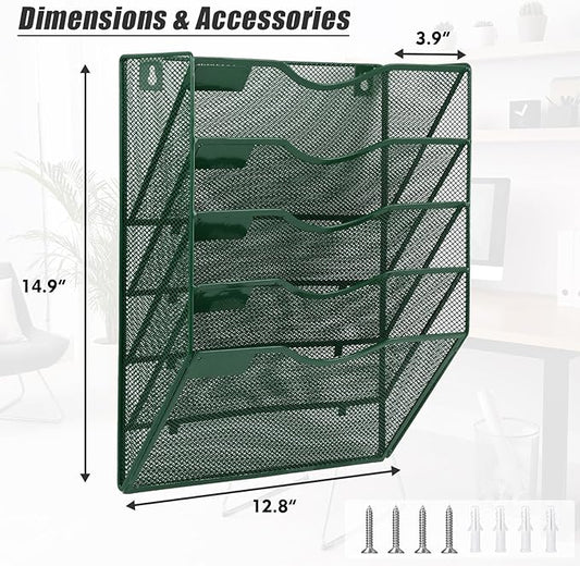 EASEPRES 5 Pocket Mesh Hanging File Organizer, Wall Mounted Mail Paper Document Folder Holder, Clipboard Storage Organization Magazine Rack with Nametag Label for Office Home School, Dark Green