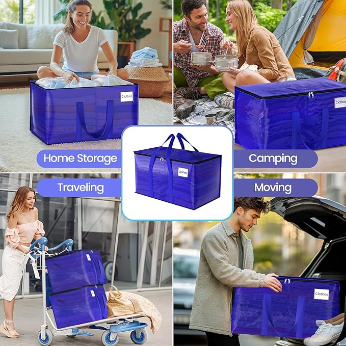 FabSpace 10Pack Moving Storage Bags, Moving Supplies Packing Boxes for Moving, Camping, College Dorm Room Essentials for Girls, Blue Tote Bags, 93L Heavy-Duty Storage Bins With Lids And Zippers