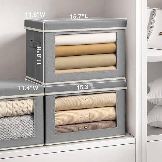 Storage Bins with Lids, 4 Pack Large Storage Cubes with Window, Closet Bins with Lids & Handles, Fabric Box for Organizing Clothes, Towels, Books, Grey