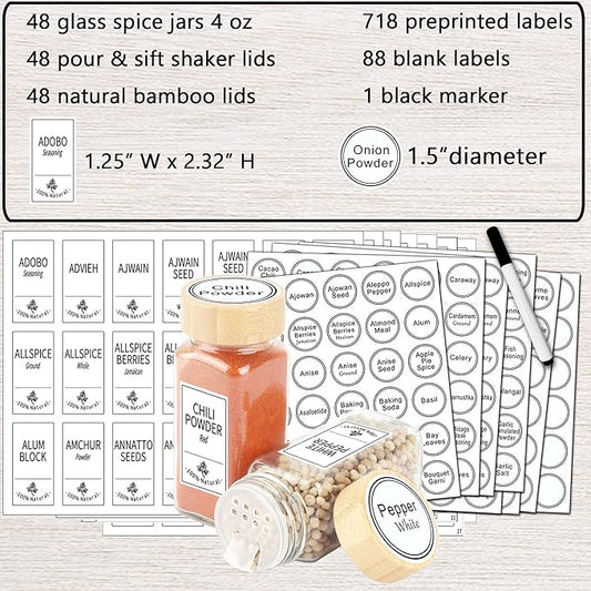 SWOMMOLY 48 Glass Spice Jars with 806 White Spice Labels, Square Spice Bottles 4 oz Empty Spice Containers with Bamboo Lids, Chalk Marker and Funnel Complete Set.