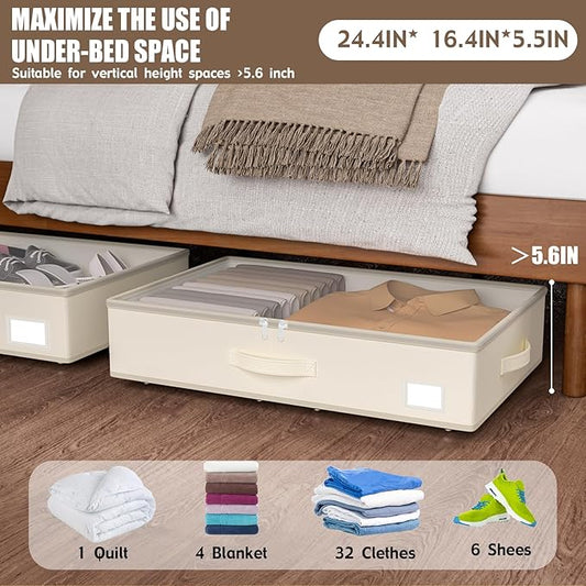 Under Bed Storage with Wheels, No Assemble Required 5.5 inches height beige under bed storage bins,Low Profile Rolling Underbed Shoe Storage containers,dorm underbed storage drawers
